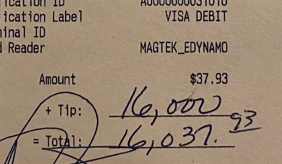$37.93의 핫도그와 음료수에 $16,000의 팁을 준 익명의 고객