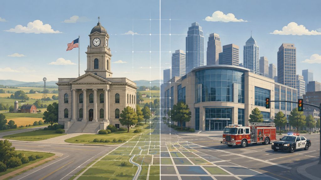 A split-screen illustration showing the dual layer of American local government