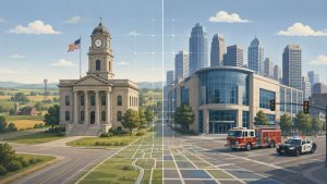 A split-screen illustration showing the dual layer of American local government