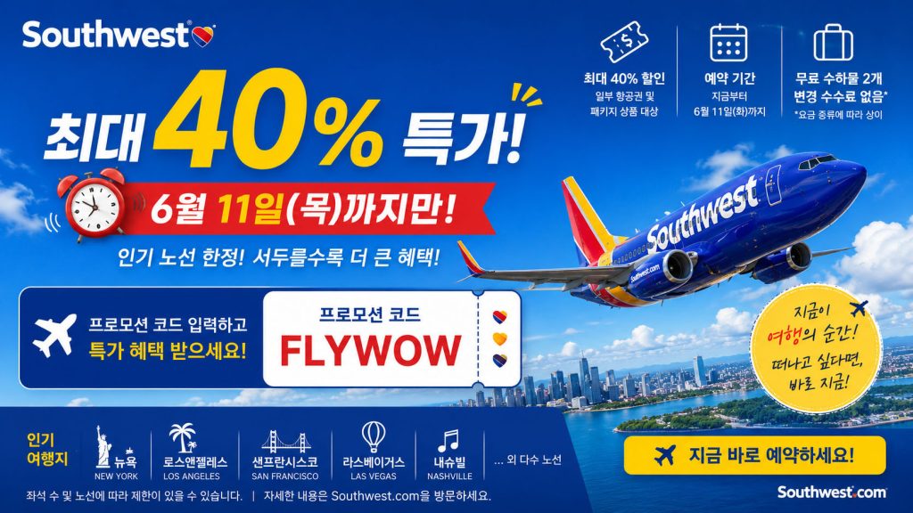 사우스웨스트 항공 "최대 40% 특가"